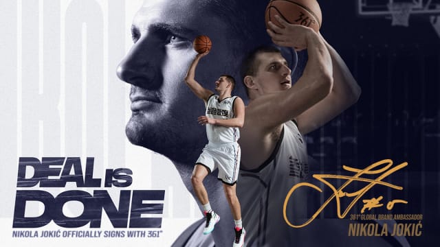 A promotional poster for Denver Nuggets center Nikola Jokic's sneakers.